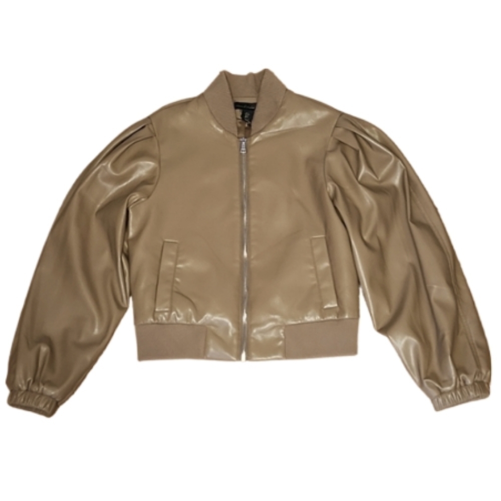NWT HOUSE OF HARLOW 1960 Iced latte faux leather puff sleeve bomber jack…